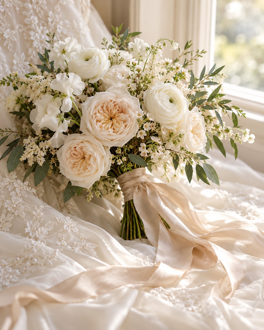 Ivory bridal bouquet with champagne silk ribbon resting on wedding gown fabric